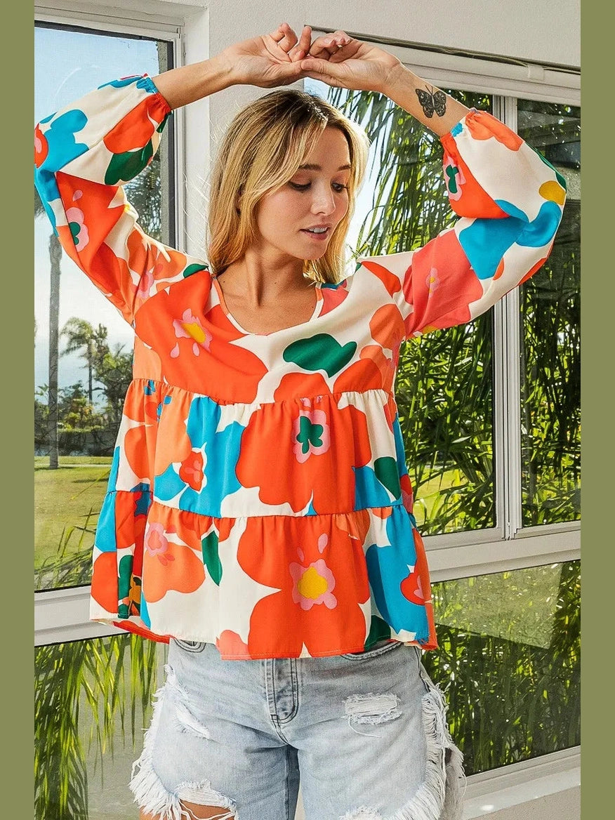 BiBi Floral Woven Tiered V Neck Top
