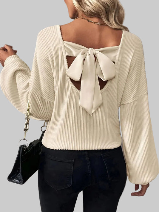 Women Bow Back V-Neck Drop Shoulder T-Shirt nicholesgifts