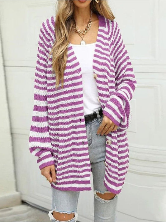 NicholesGifts Women Striped Button Down Long Sleeve Cardigan NicholesGifts