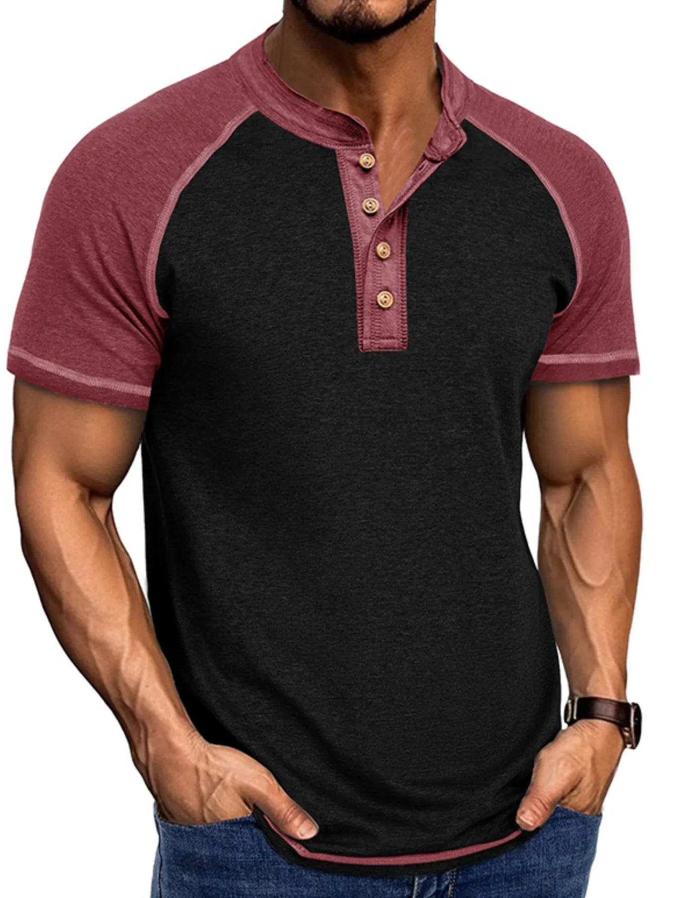 Men's Raglan Henley Color Block T-Shirt Trendsi