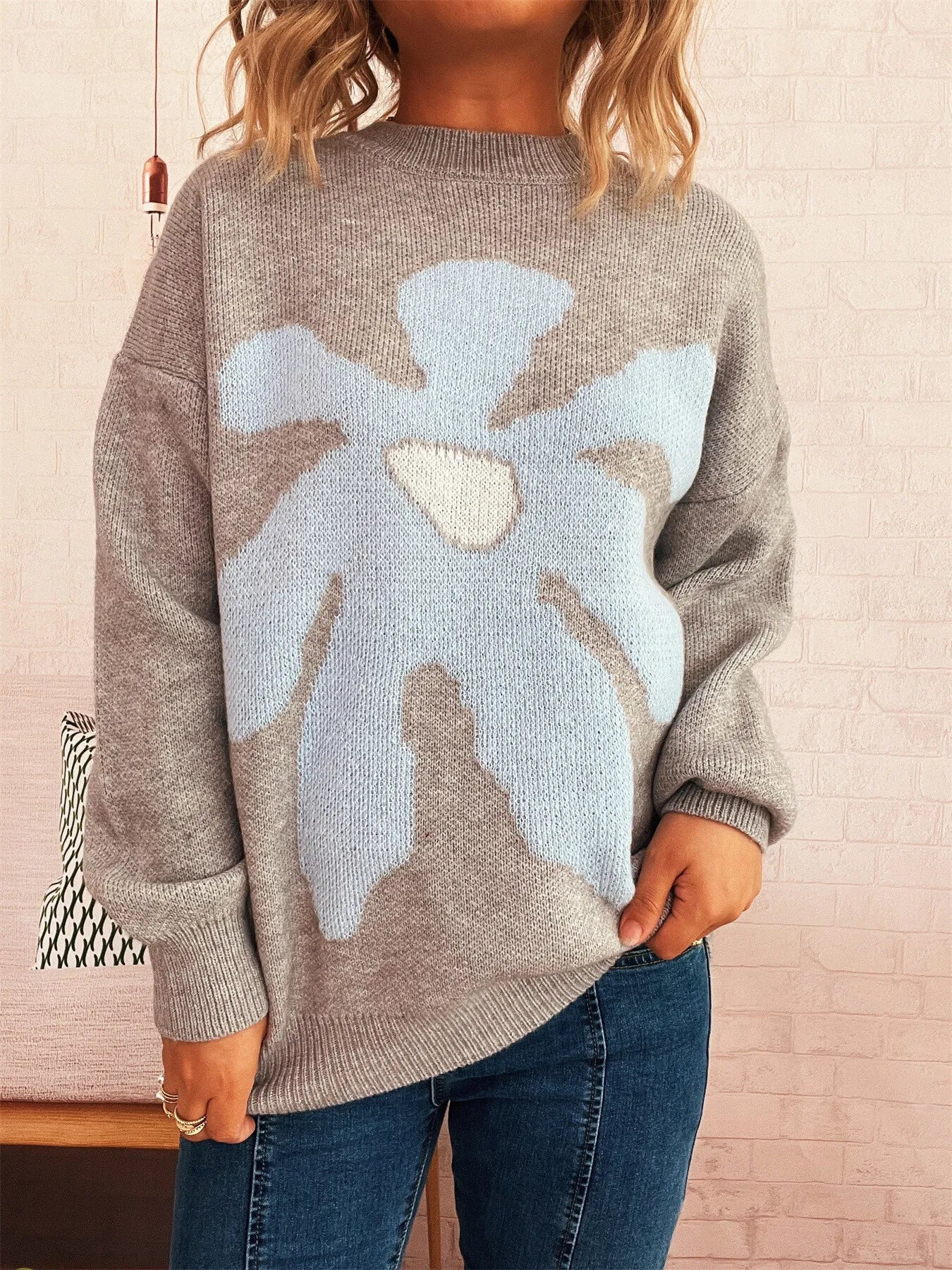 Flower Dropped Shoulder Sweater