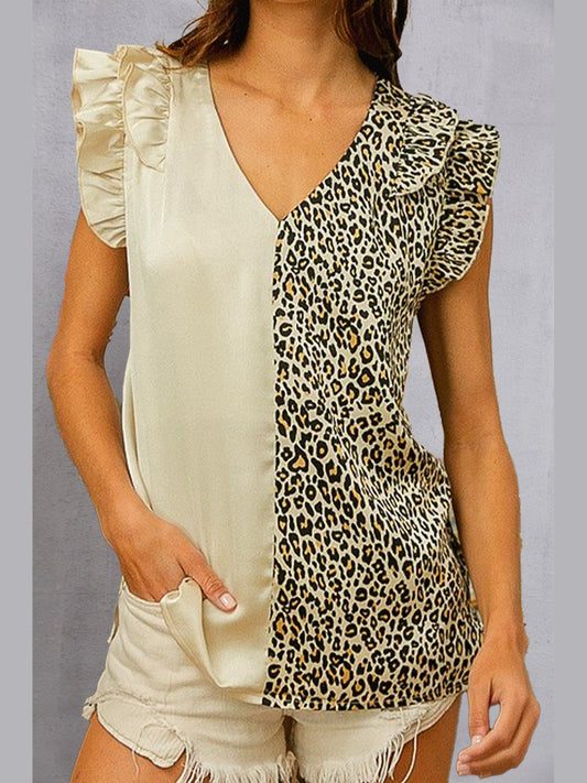 Ruffled Leopard V-Neck Cap Sleeve Blouse NicholesGifts