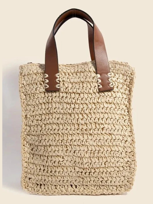 Fame Faux Leather Handle Straw Braided Handbag