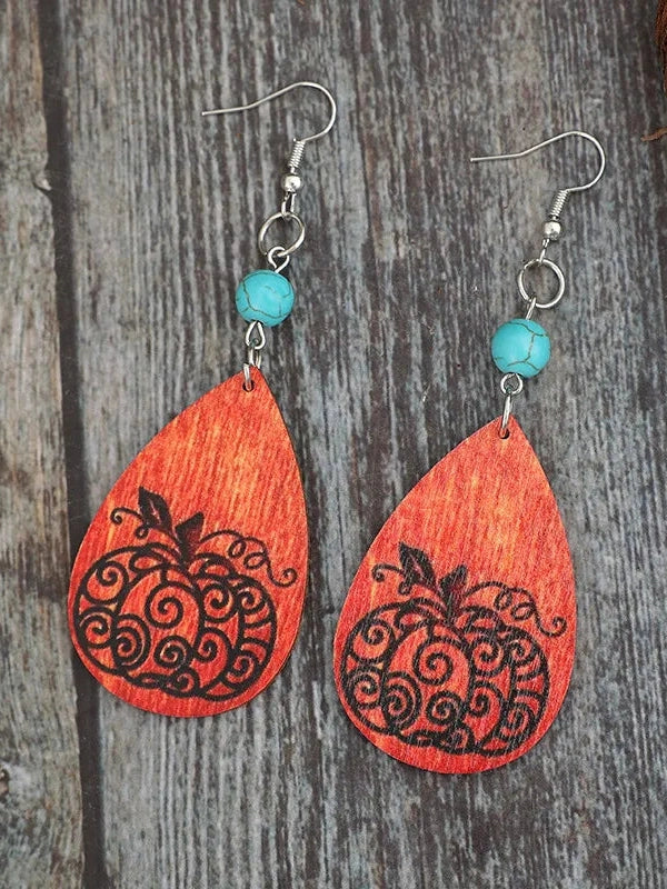 Turquoise Wooden Pumpkin Teardrop Earrings NicholesGifts