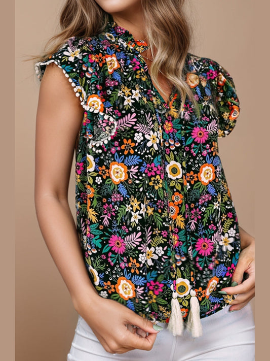 Tassel Printed Cap Sleeve Blouse