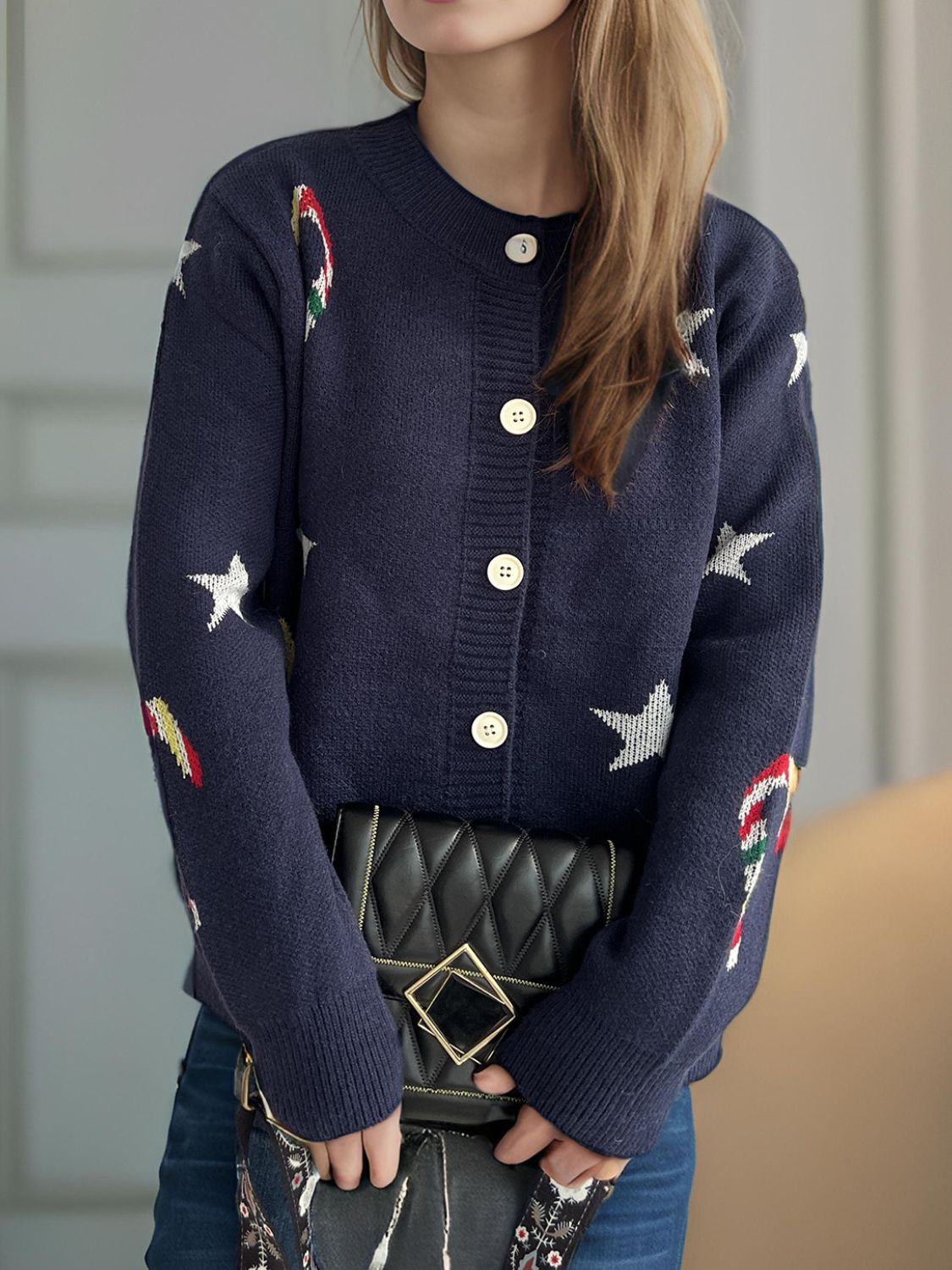 NicholesGifts Women Candy Cane & Star Button Down Long Sleeve Christmas Cardigan NicholesGifts