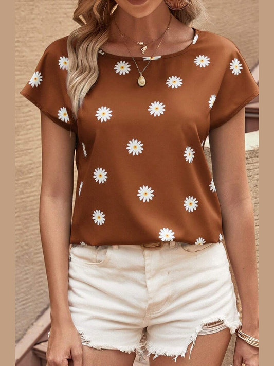 Daisy Printed Round Neck Short Sleeve Blouse
