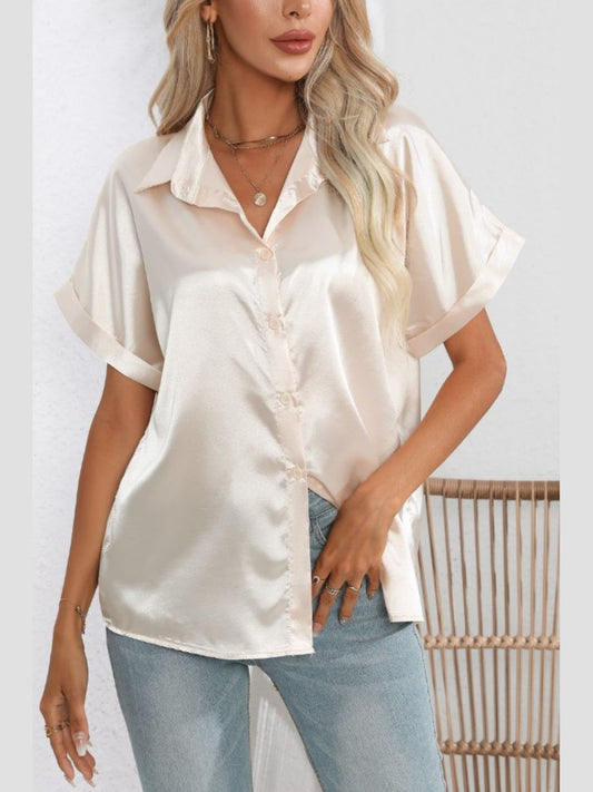 Women Collared Neck Short Sleeve Shirt