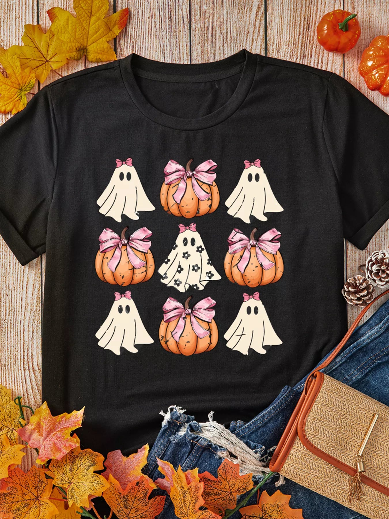 Halloween Bowknot Ghost Pumpkin Graphic T Shirt Trendsi