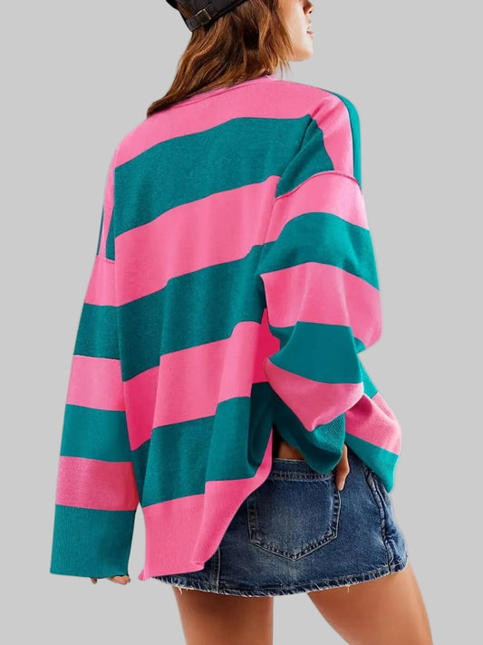 Women Striped Half-Zip Oversized Sweatshirt nicholesgifts