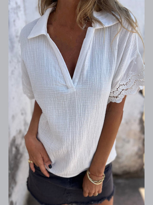Lace Detail Collared Neck Short Sleeve Blouse NicholesGifts