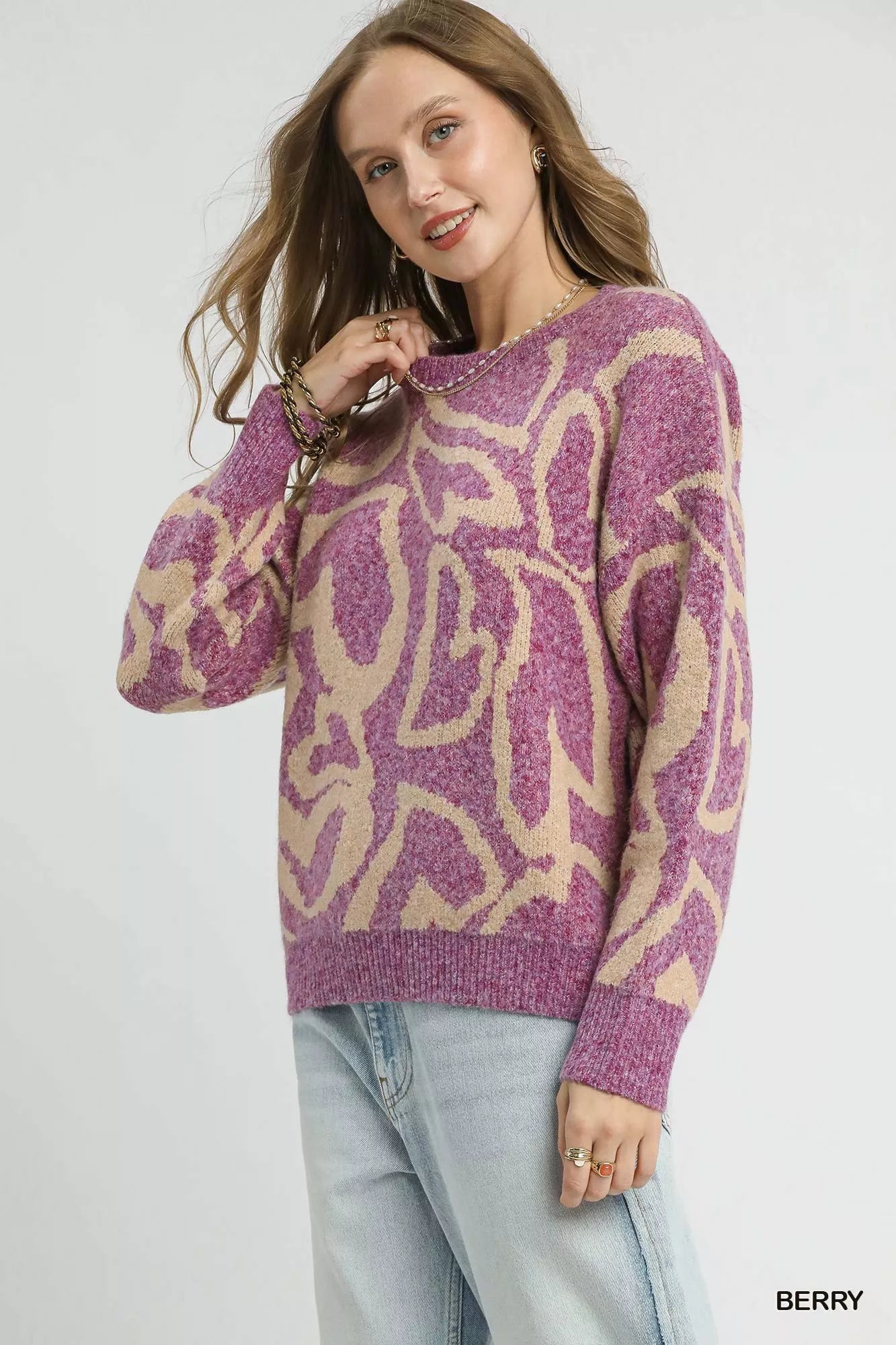 Umgee Ribbed Hem Contrast Dropped Shoulder Sweater