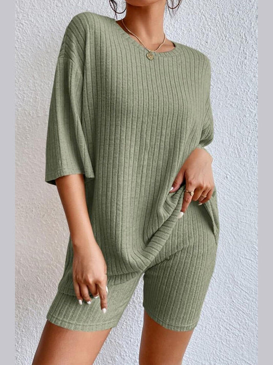 Round Neck Ribbed Top and Shorts Lounge Set