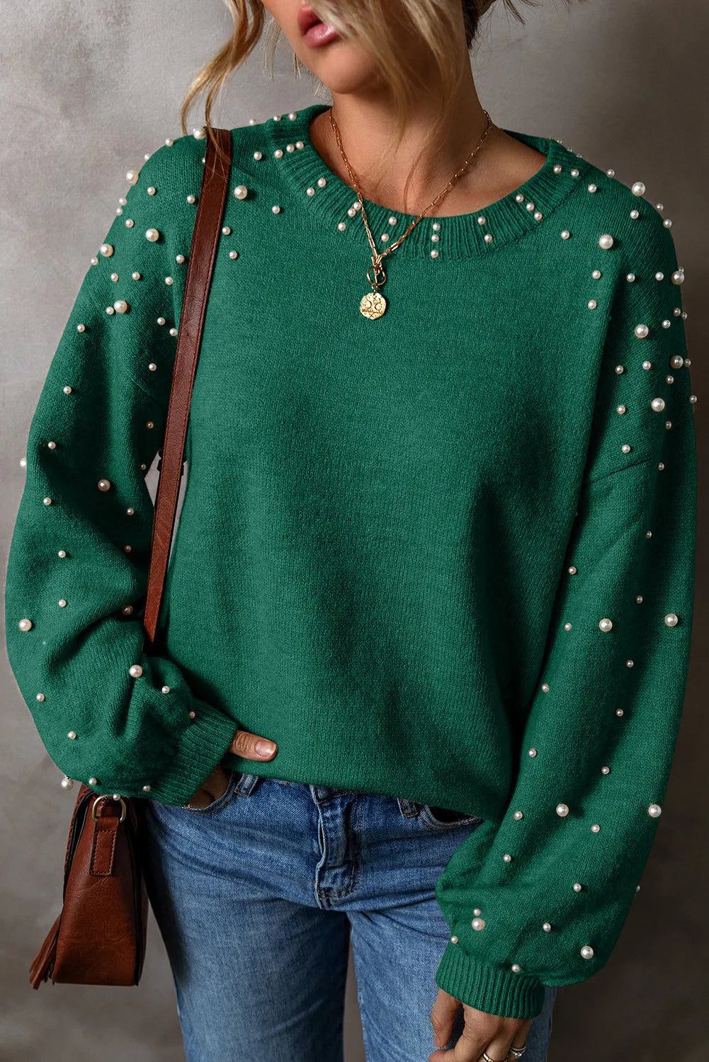 Women Pearl Detail Round Neck Long Sleeve Sweater