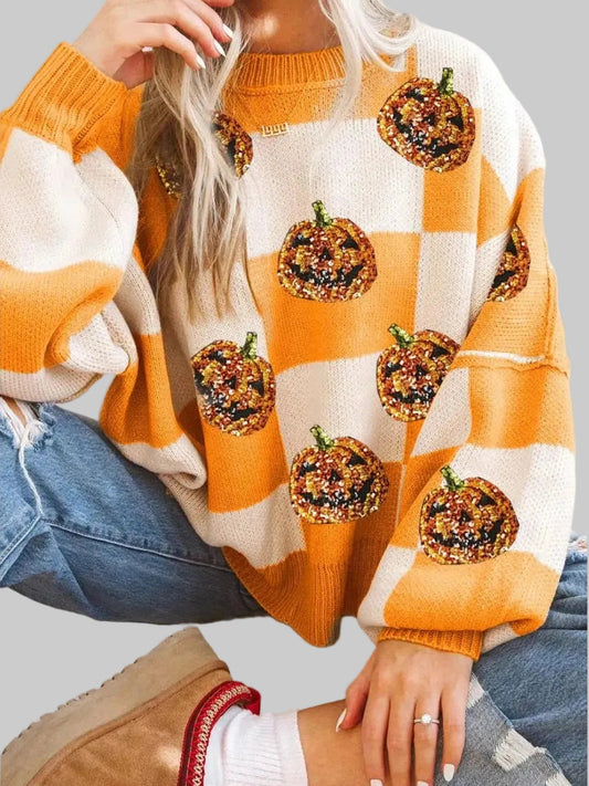 Women Halloween Spirit Pumpkin Checkered Round Neck Long Sleeve Sweater nicholesgifts