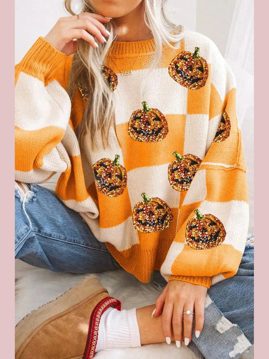 Women Pumpkin Checkered Round Neck Long Sleeve Halloween Spirit Sweater NicholesGifts