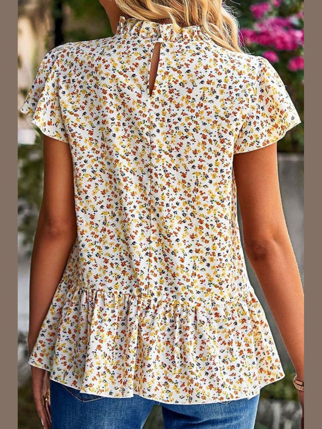 Women Ditsy Floral Peplum Short Sleeve Blouse