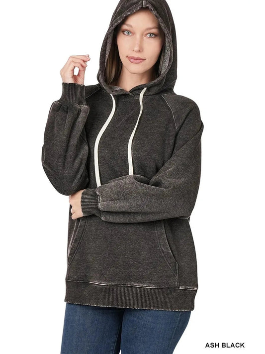 Zenana Acid Wash Fleece Hoodie with Drawstring