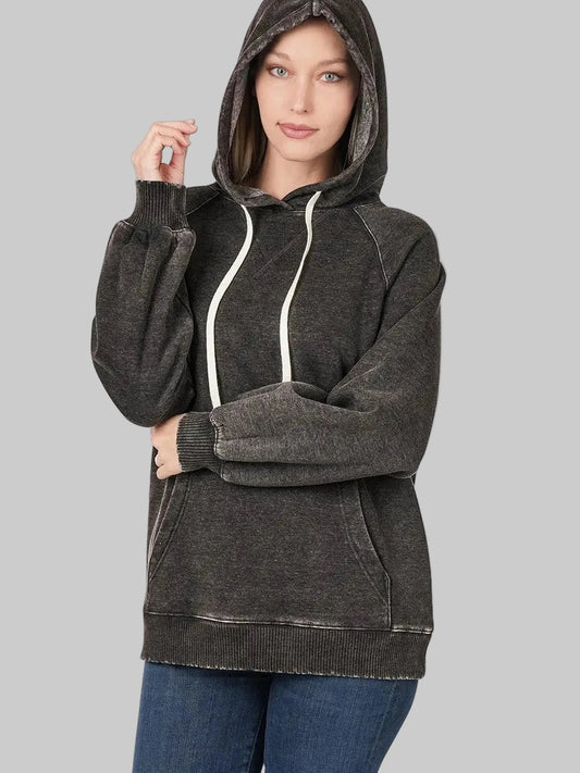 Zenana Acid Wash Fleece Hoodie with Drawstring nicholesgifts