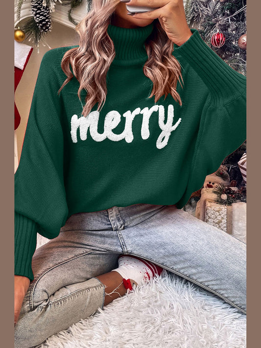 Double Take Full Size Merry Christmas Turtleneck Long Sleeve Sweater NicholesGifts