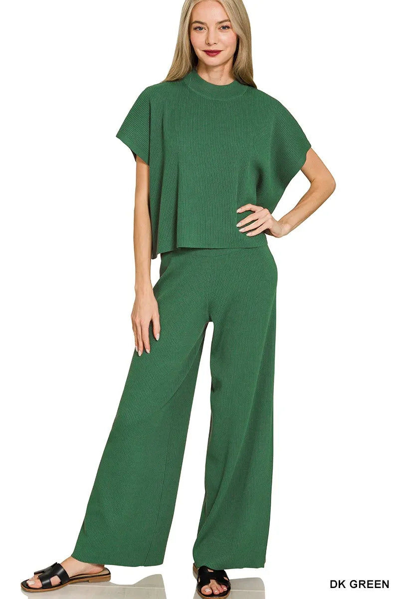 Zenana Viscose Sweater Short Sleeve Top and Pants Set NicholesGifts