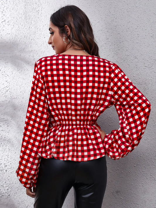 Plaid V-Neck Balloon Sleeve Peplum Blouse nicholesgifts