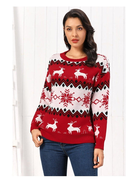 Women Reindeer Round Neck Christmas Sweater NicholesGifts