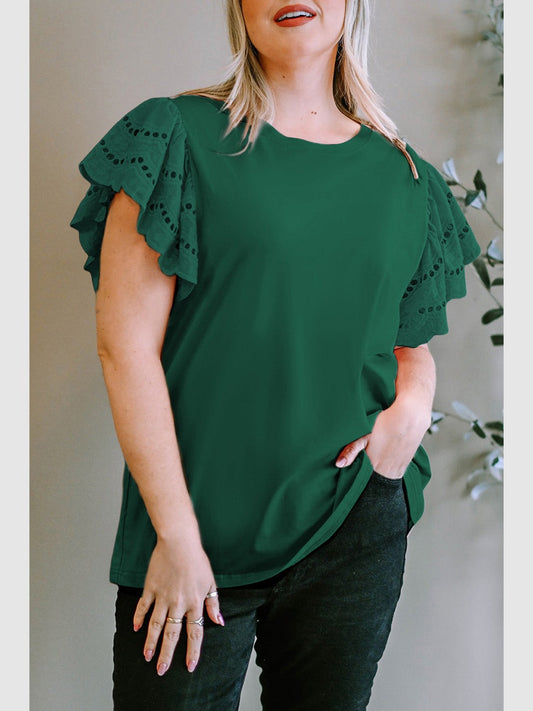 Plus Size Women Eyelet Round Neck Short Sleeve Blouse NicholesGifts