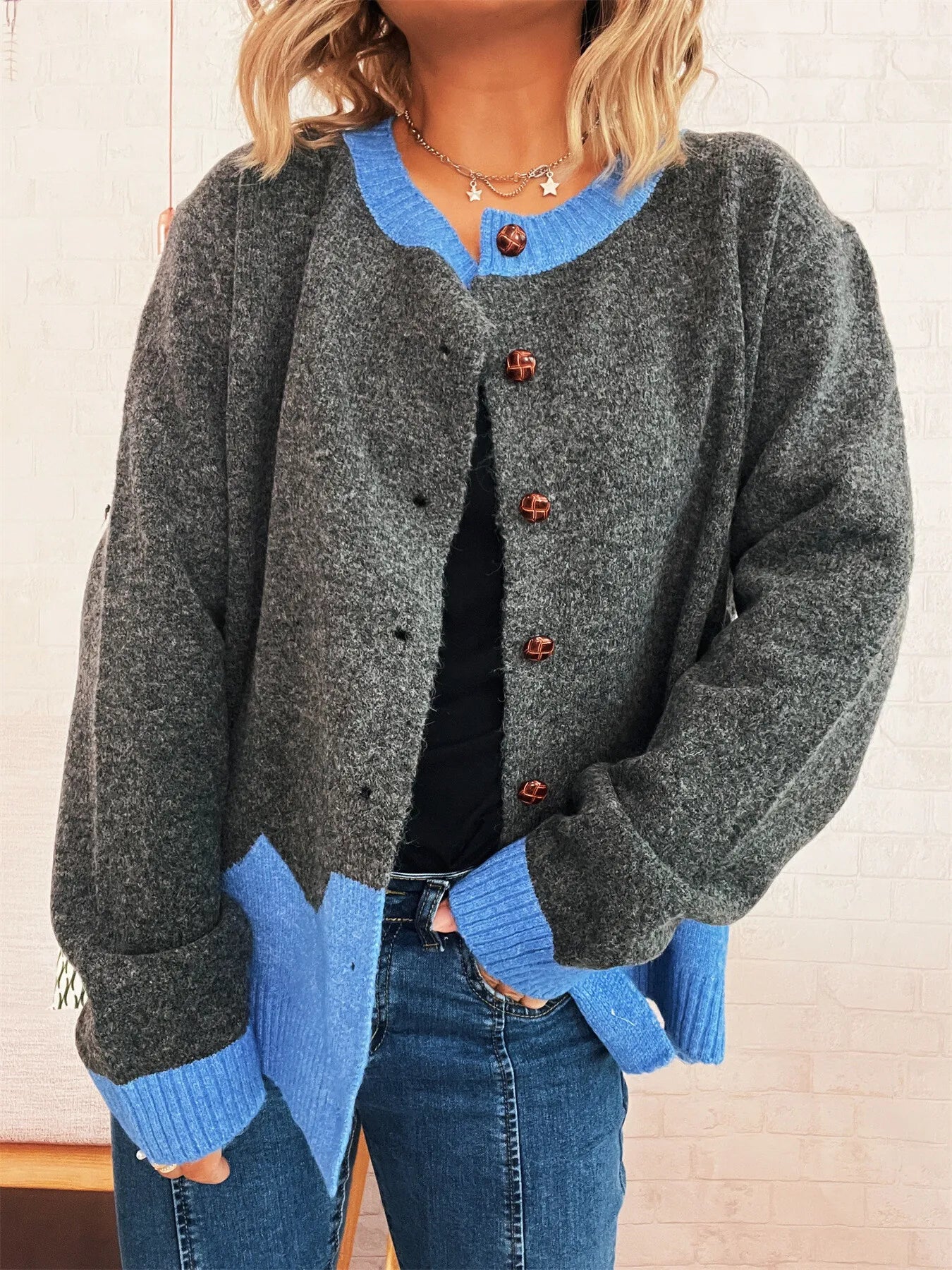 Button-Front Contrast Trim Cardigan