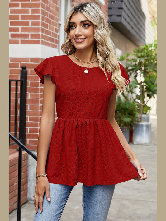 Tied Ruffled Round Neck Peplum T-Shirt