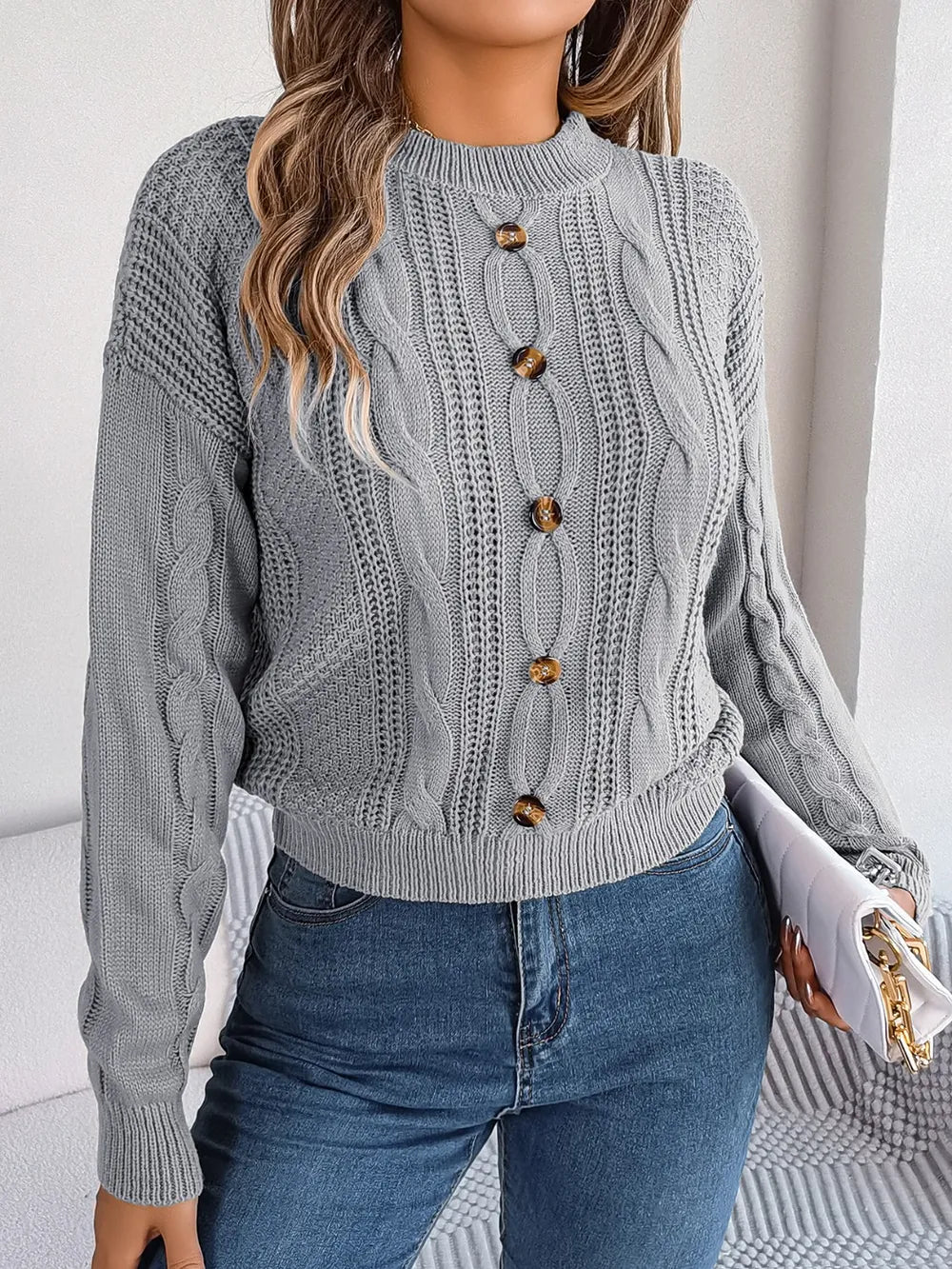 Cable-Knit Buttoned Round Neck Sweater Trendsi