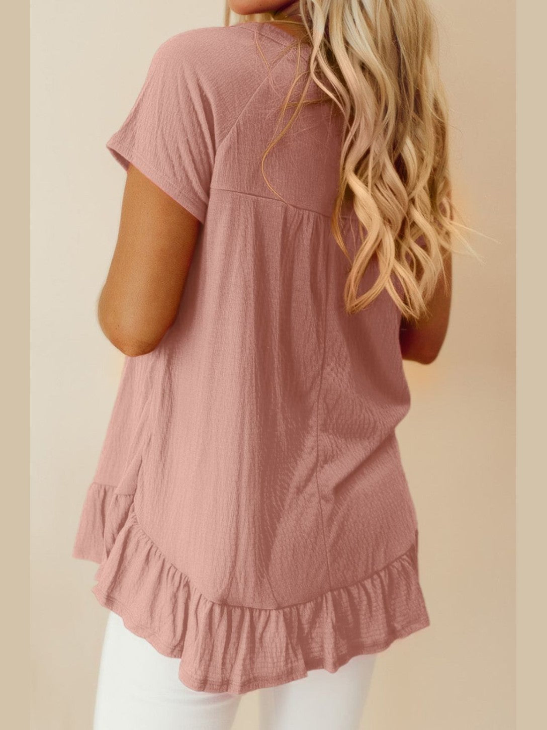 Ruffled Round Neck Short Sleeve Blouse