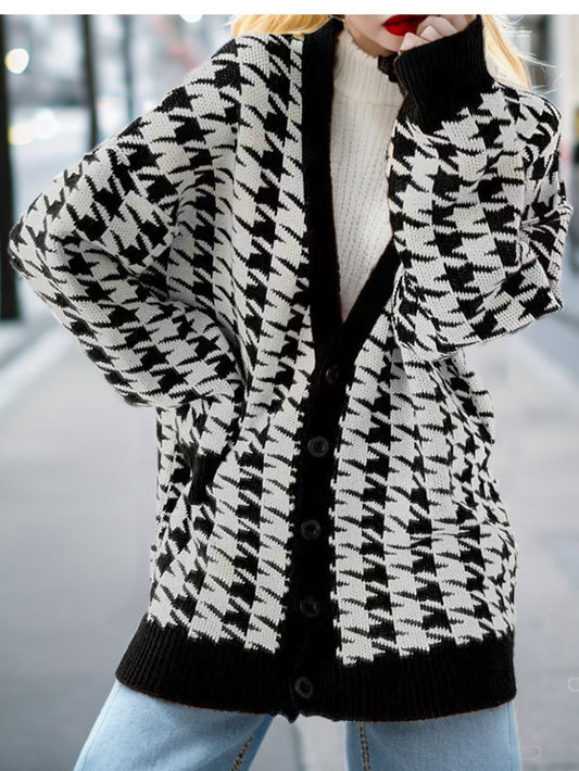 Women Houndstooth Button Up Long Sleeve Cardigan NicholesGifts