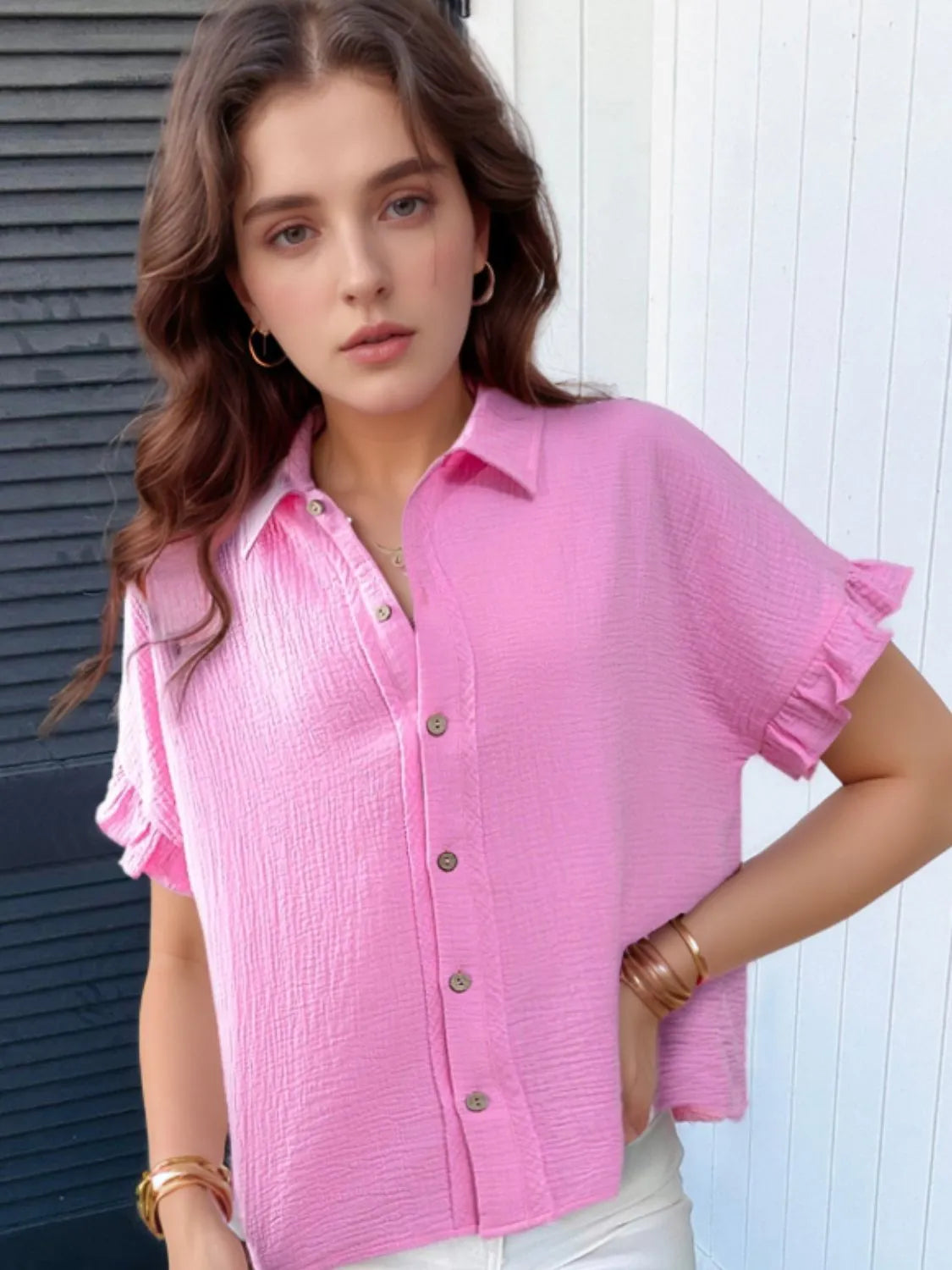Frill Collared Neck Short Sleeve Shirt
