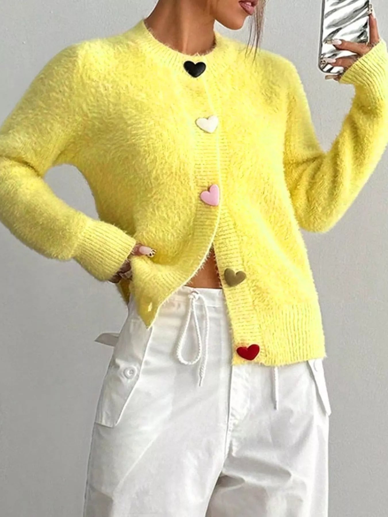 Women Heart Button Fuzzy Cardigan NicholesGifts