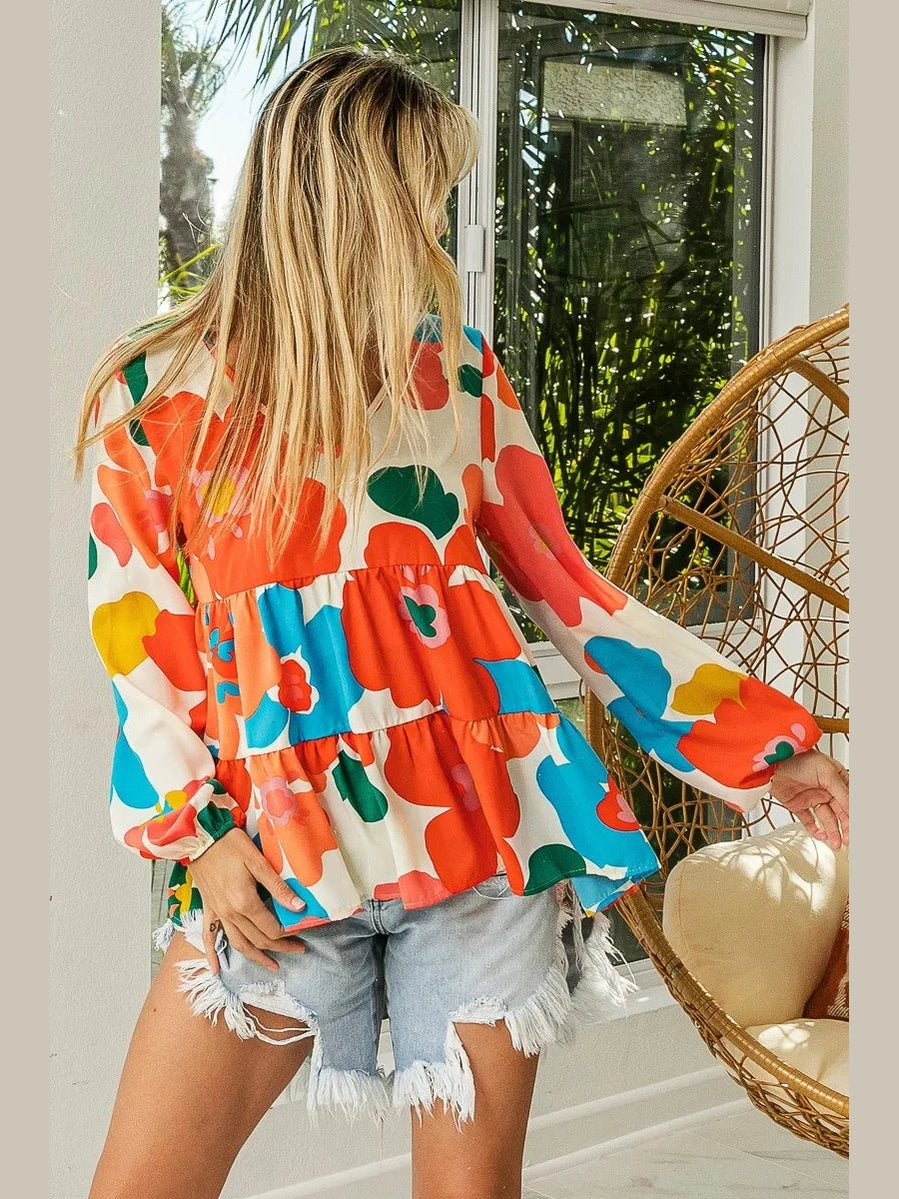 BiBi Floral Woven Tiered V Neck Top