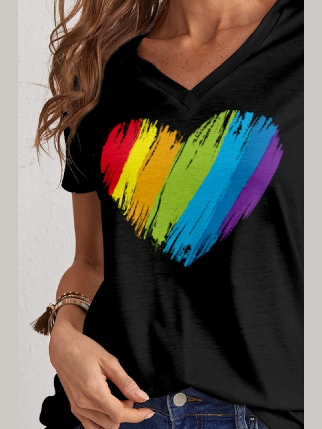 Women Heart V-Neck Dropped Shoulder Short Sleeve Black T-Shirt NicholesGifts