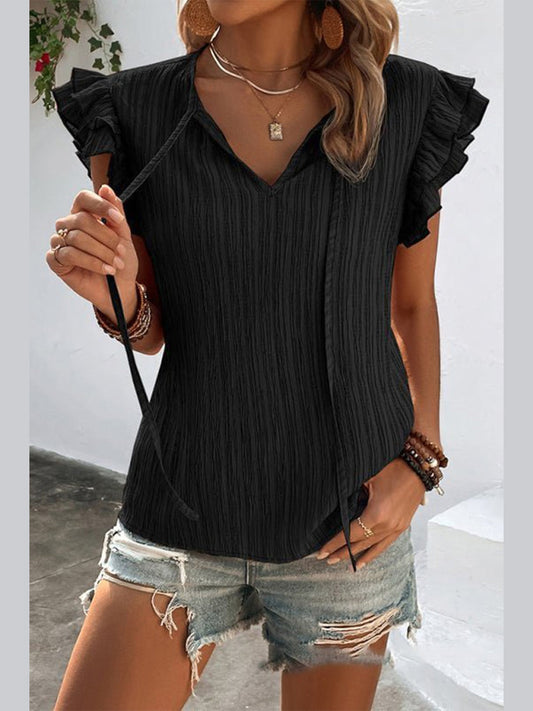 Women Ruffled Tie Neck Cap Sleeve Blouse