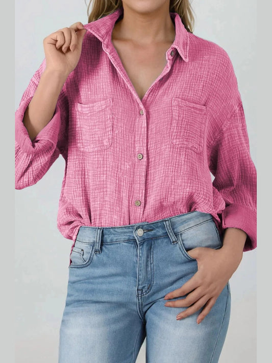 Button Down Collared Neck Long Sleeve Shirt NicholesGifts