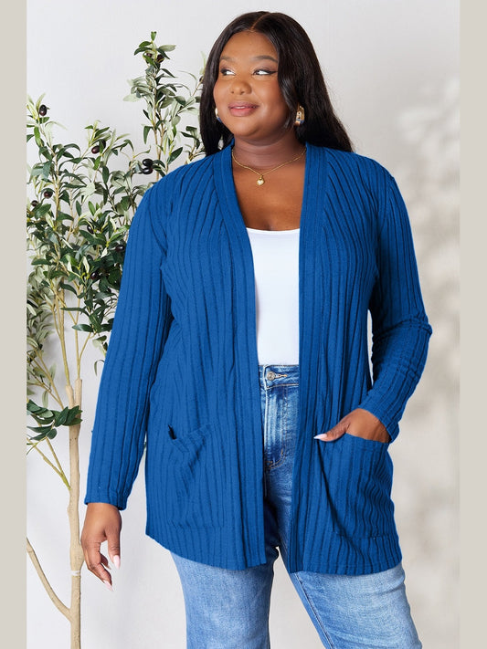 NicholesGifts Women Basic Bae Full Size Ribbed Open Front Cardigan with Pockets NicholesGifts