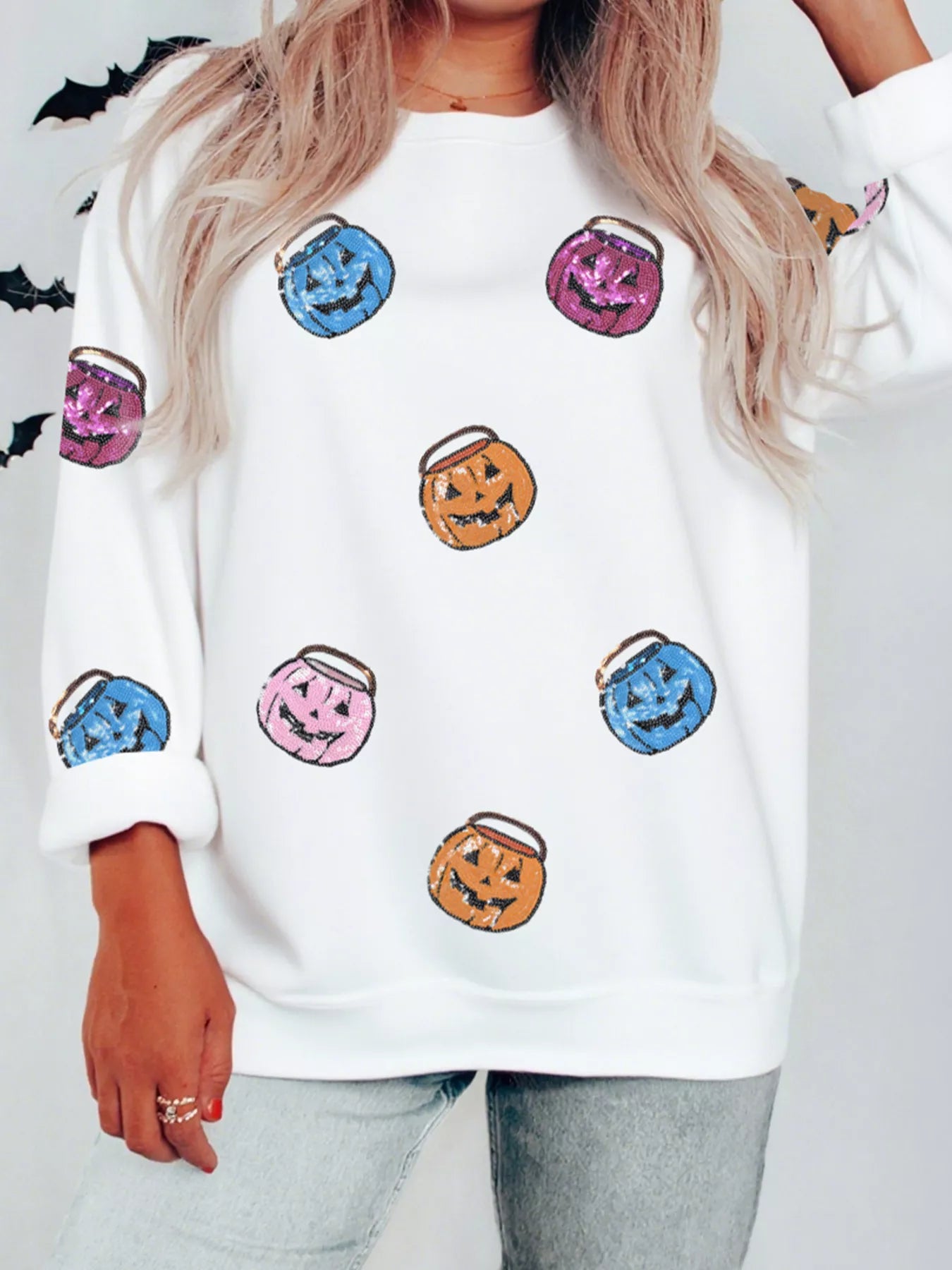 Halloween Pumpkin Lantern Sequin Patched Sweatshirt