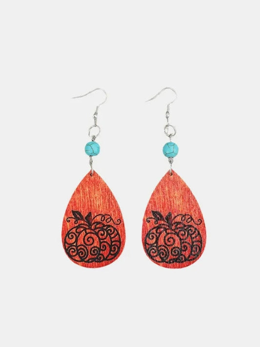 Turquoise Wooden Pumpkin Teardrop Earrings NicholesGifts