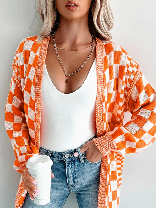Checkered Pattern Open Front Cardigan Trendsi