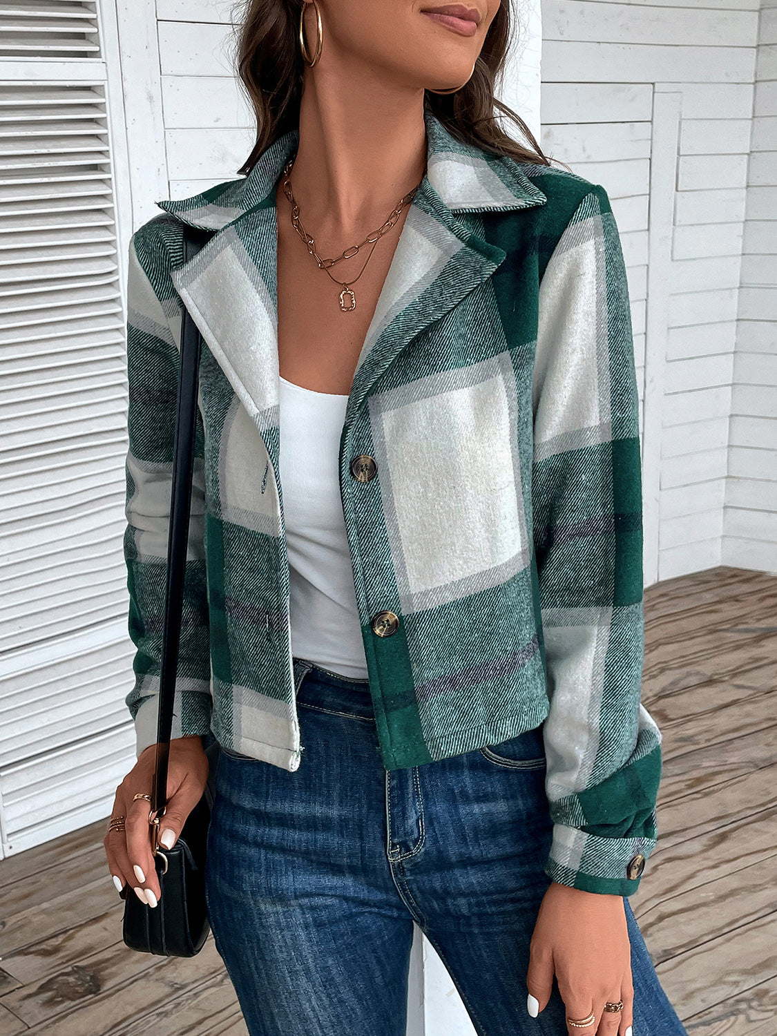 Perfee Plaid Collared Neck Button Up Long Sleeve Jacket nicholesgifts