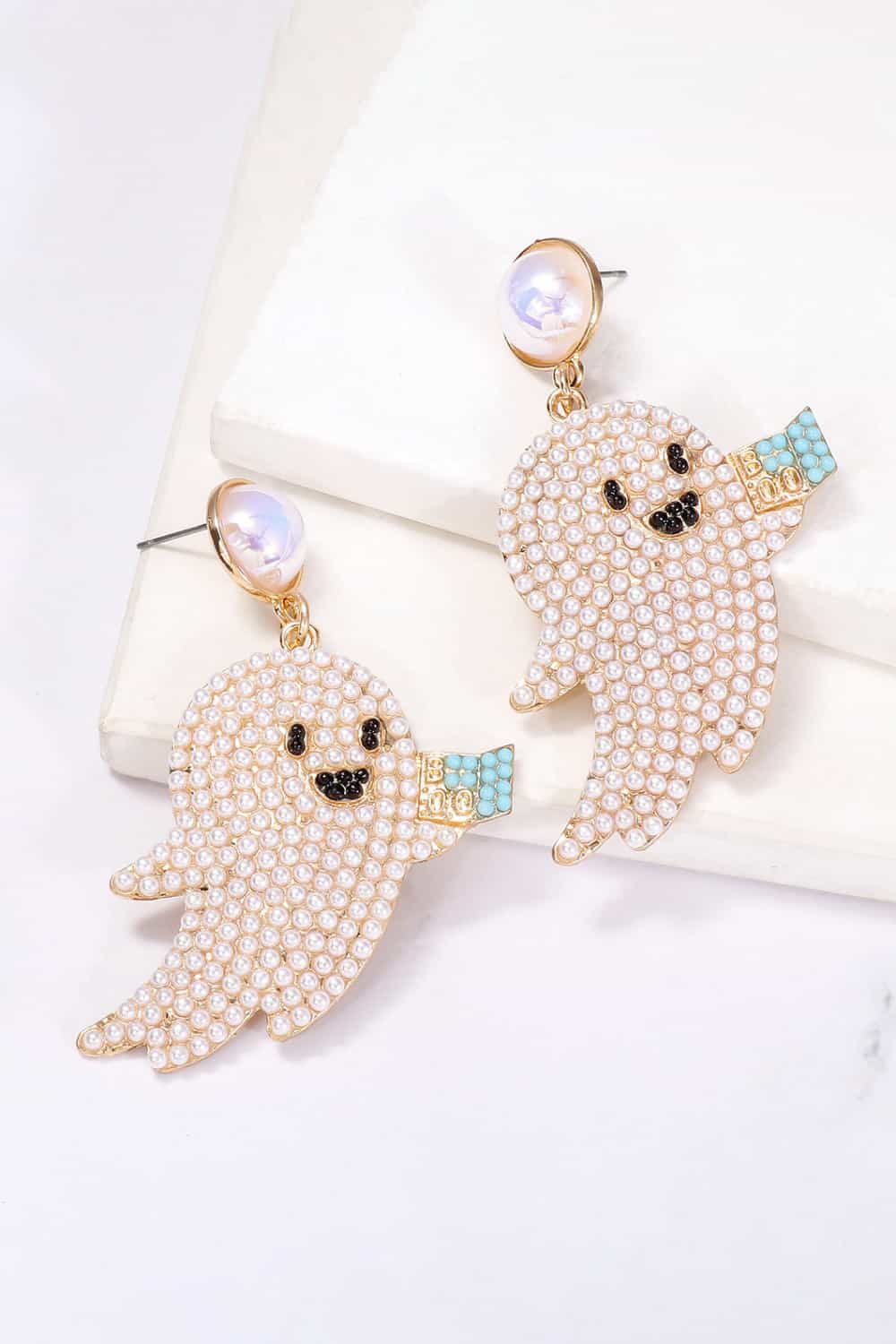 Women Ghost Shape Synthetic Pearl Dangle Earrings NicholesGifts
