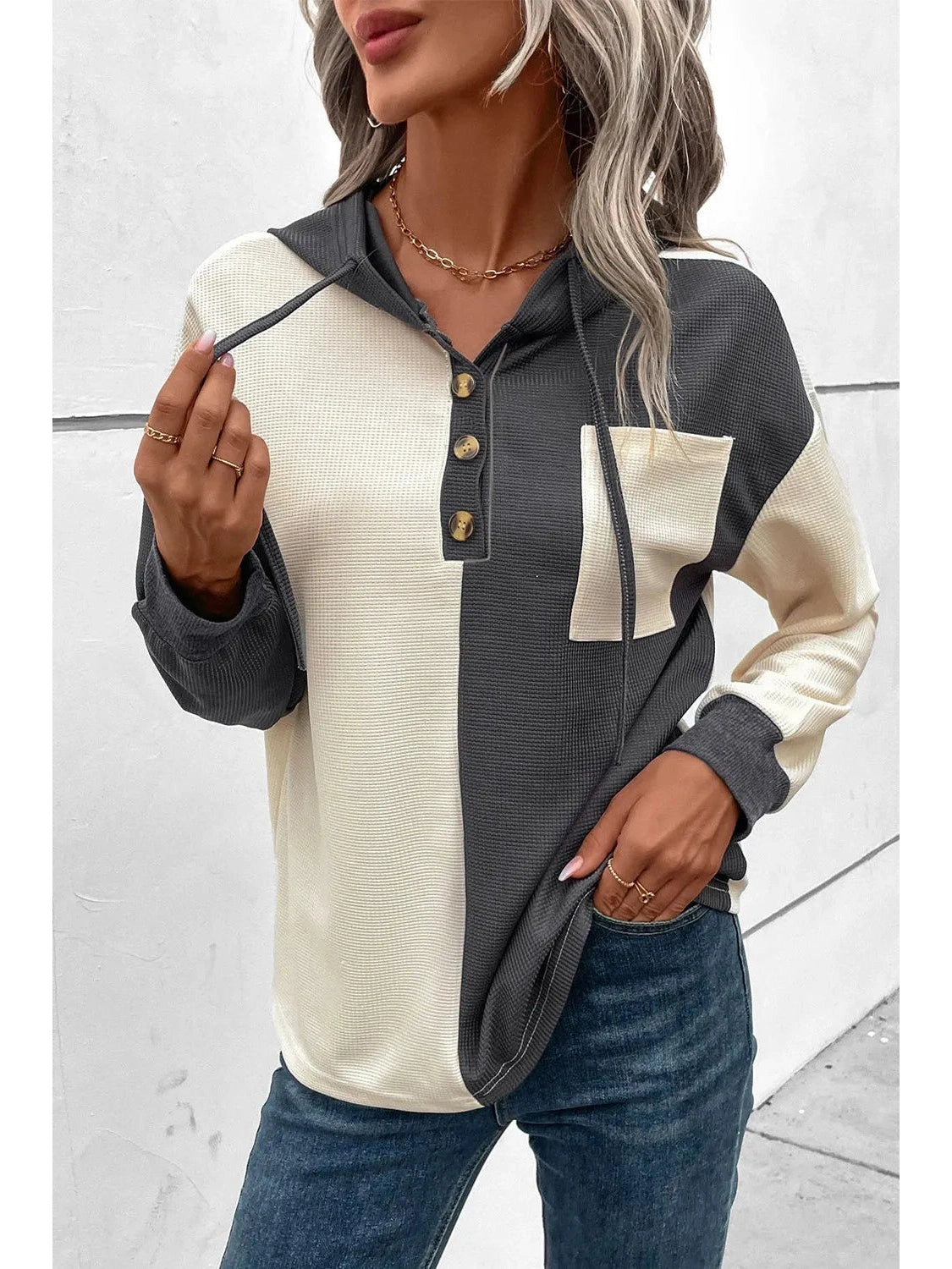 NicholesGifts Women Drawstring Quarter Button Contrast Long Sleeve Hoodie NicholesGifts
