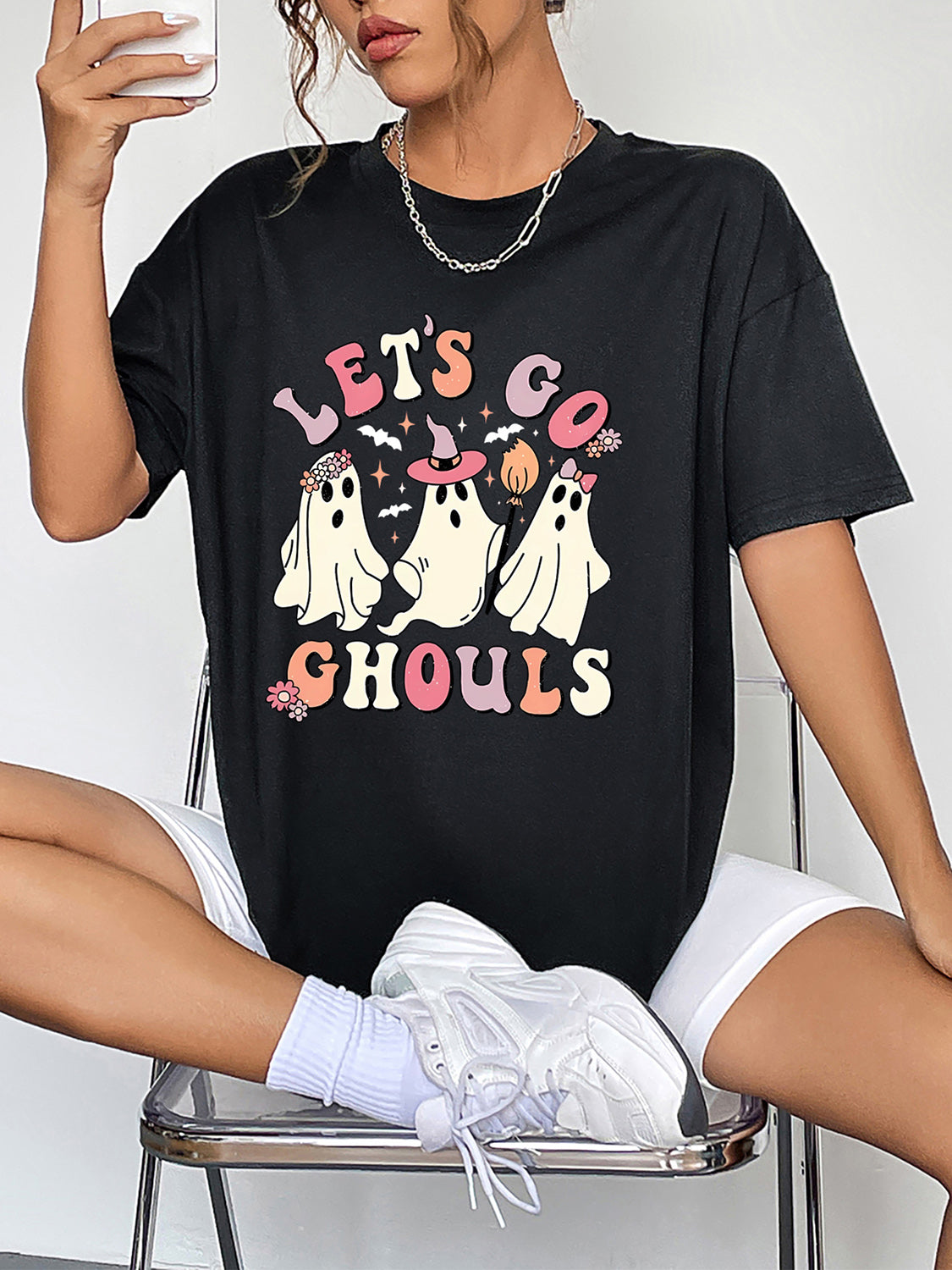 Round Neck Short Sleeve LET'S GO GHOULS Graphic T-Shirt NicholesGifts
