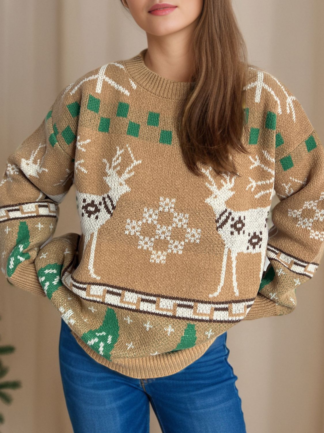 Christmas Element Round Neck Long Sleeve Sweater NicholesGifts