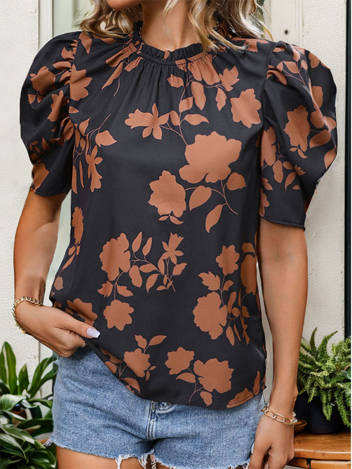 Women Frill Printed Round Neck Puff Sleeve Blouse NicholesGifts