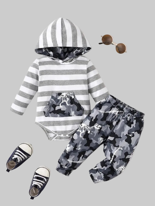 Baby and Toddler Girls Striped Hooded Bodysuit and Camouflage Pants Set nicholesgifts